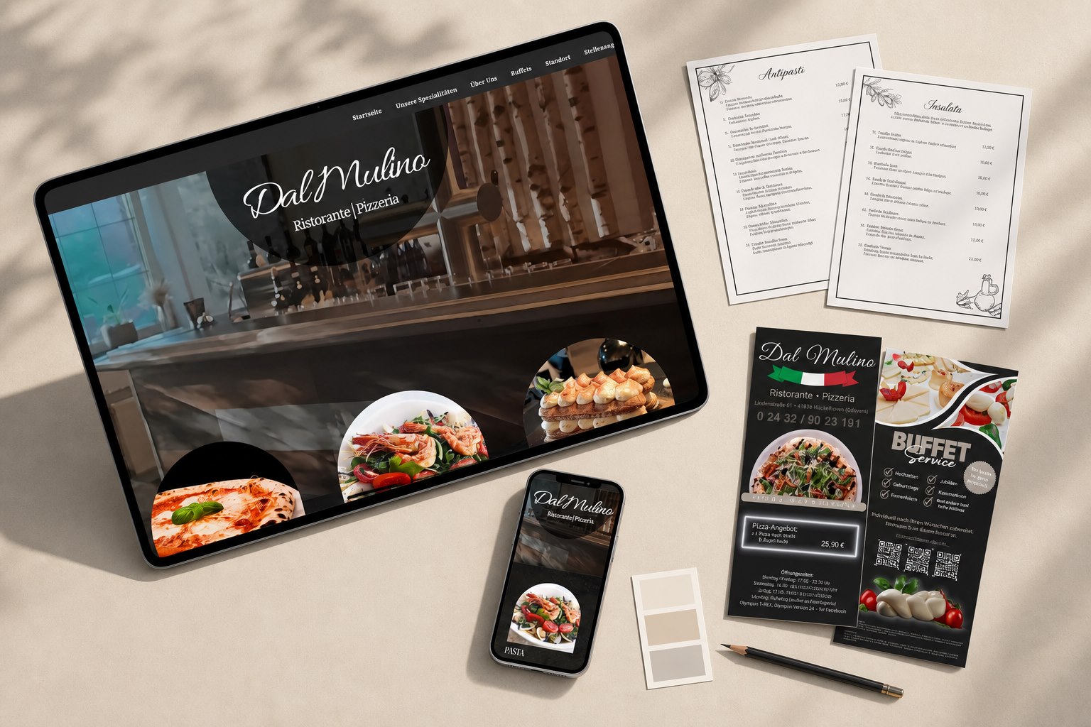 Dal Mulino Markenwelt mit Website, Mobile Design, Speisekarten und Printmaterialien