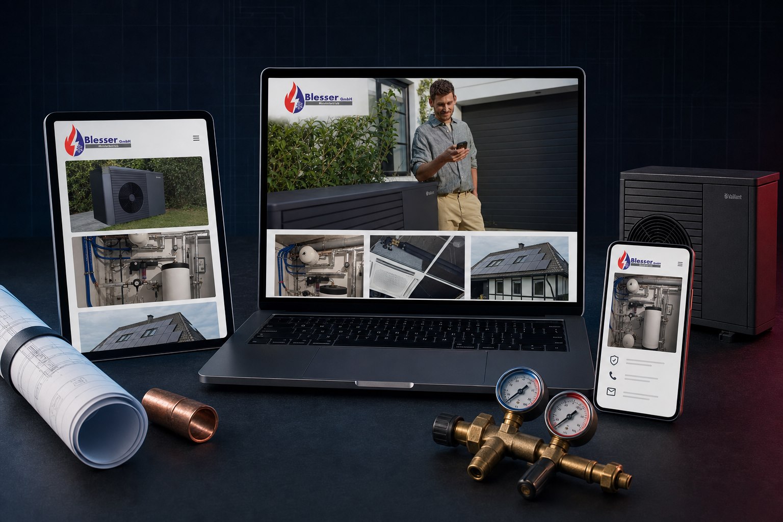 Blesser GmbH Website auf Laptop, Tablet und Smartphone, inszeniert mit Bauplan, Kupferrohr, Manometern und Wärmepumpe